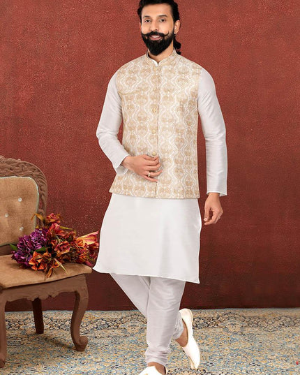 Fabulous Off White Dhupion Silk Mens Kurta Pyjama with Jacket