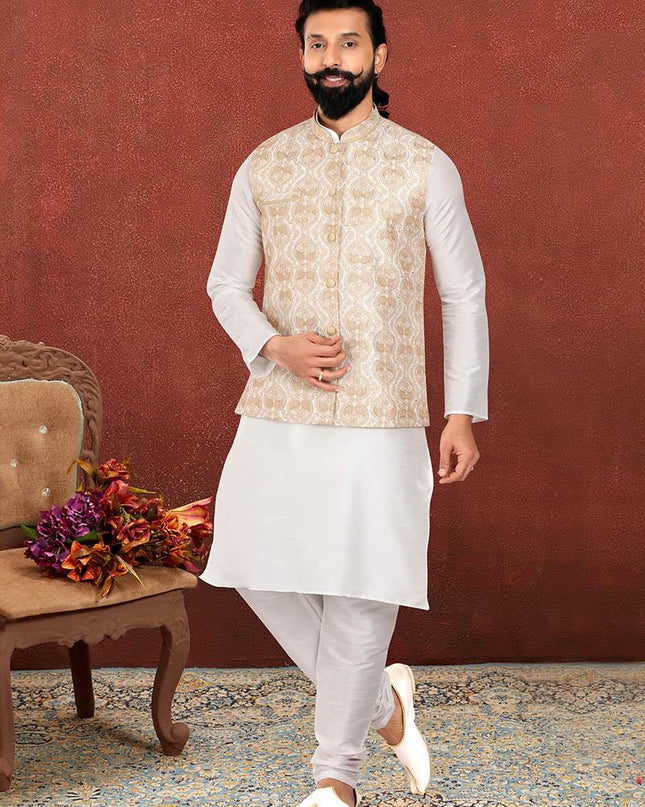 Fabulous Off White Dhupion Silk Mens Kurta Pyjama with Jacket