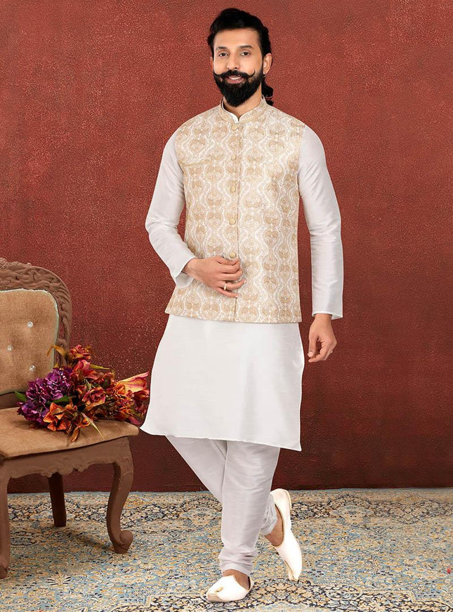 Fabulous Off White Dhupion Silk Mens Kurta Pyjama with Jacket
