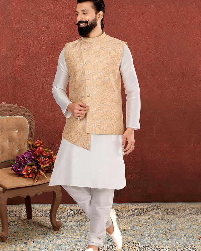 Marvelous Off White Dhupion Silk Mens Kurta Pyjama with Jacket