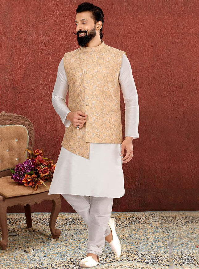Marvelous Off White Dhupion Silk Mens Kurta Pyjama with Jacket