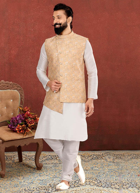 Marvelous Off White Dhupion Silk Mens Kurta Pyjama with Jacket
