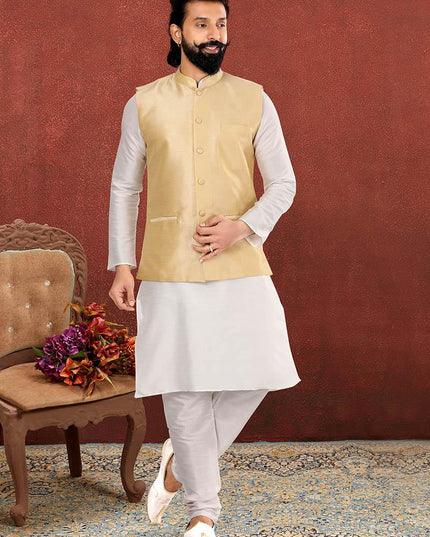 Captivating Off White Dhupion Silk Mens Kurta Pyjama with Jacket