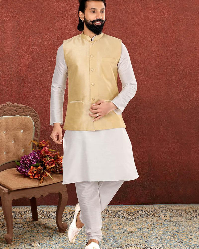 Captivating Off White Dhupion Silk Mens Kurta Pyjama with Jacket