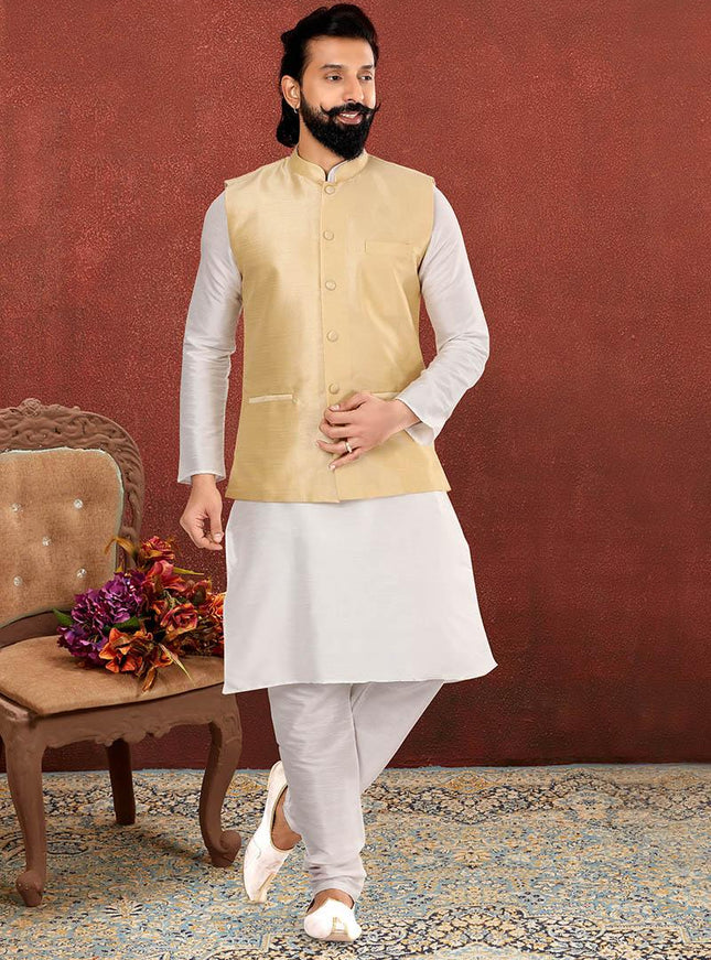 Captivating Off White Dhupion Silk Mens Kurta Pyjama with Jacket