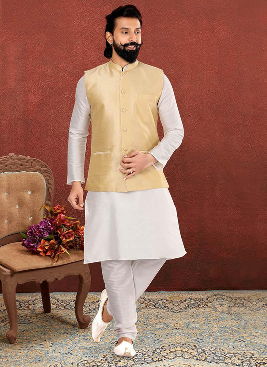 Captivating Off White Dhupion Silk Mens Kurta Pyjama with Jacket