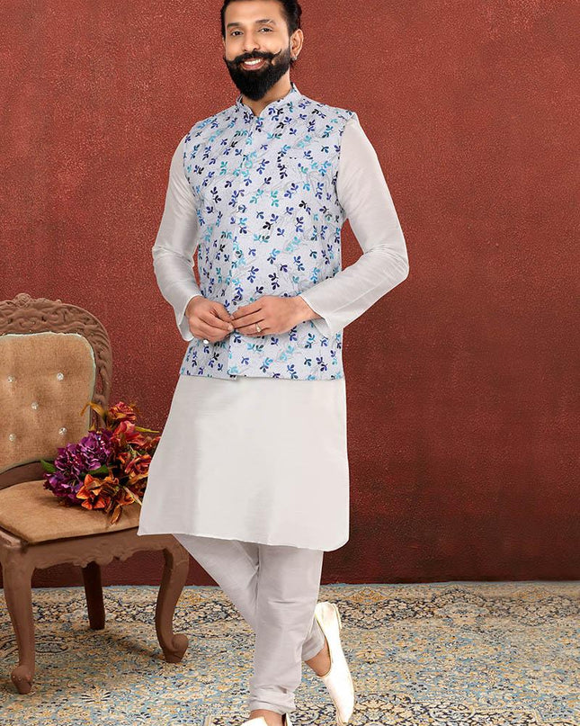 Trendsetting Off White Dhupion Silk Mens Kurta Pyjama with Jacket