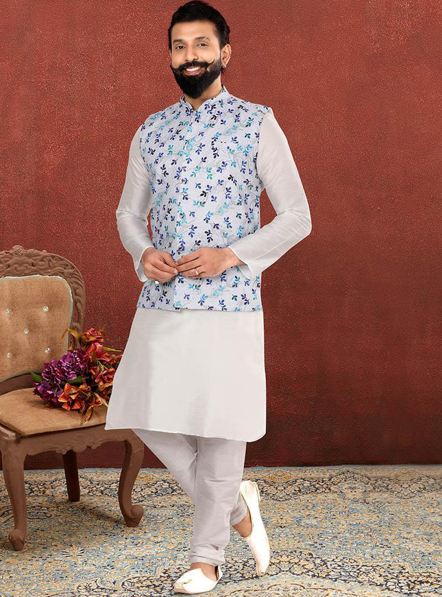 Trendsetting Off White Dhupion Silk Mens Kurta Pyjama with Jacket