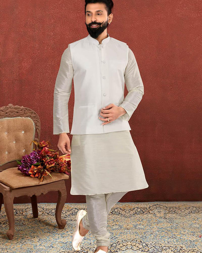 Impeccable Off White Dhupion Silk Mens Kurta Pyjama with Jacket