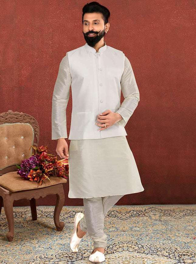 Impeccable Off White Dhupion Silk Mens Kurta Pyjama with Jacket