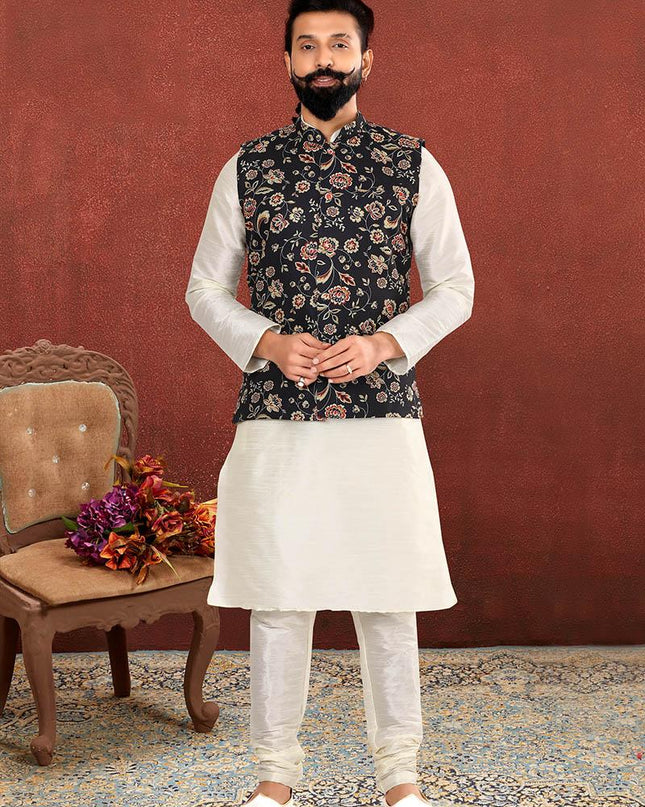 Astonishing Off White Dhupion Silk Mens Kurta Pyjama with Jacket