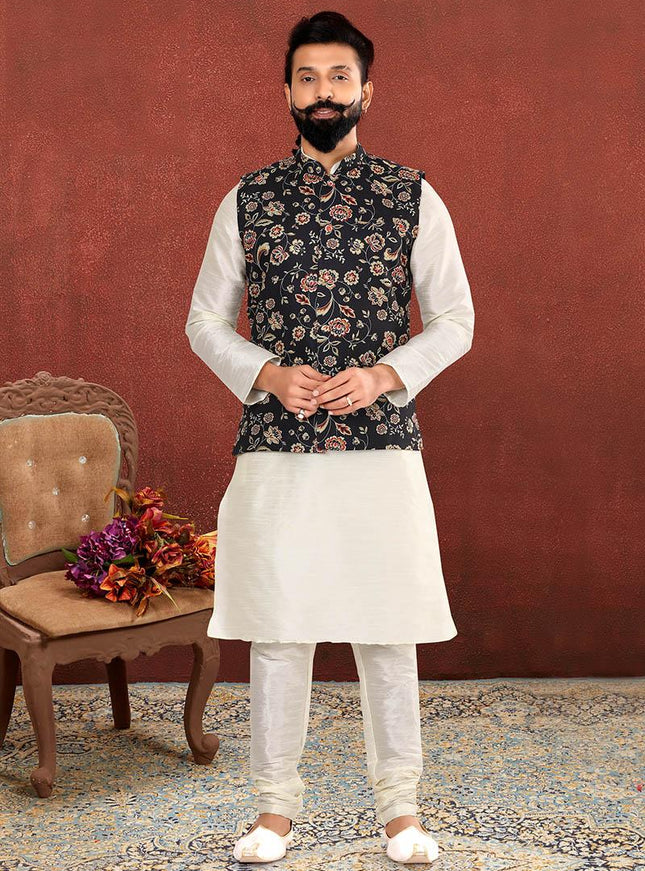 Astonishing Off White Dhupion Silk Mens Kurta Pyjama with Jacket