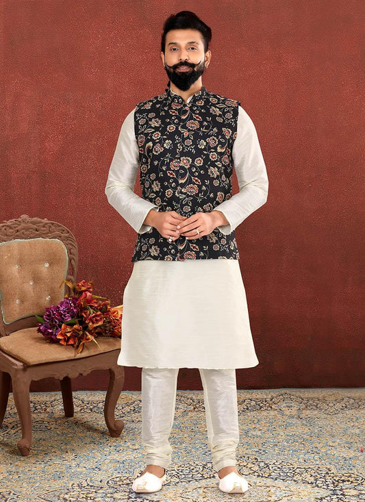 Astonishing Off White Dhupion Silk Mens Kurta Pyjama with Jacket