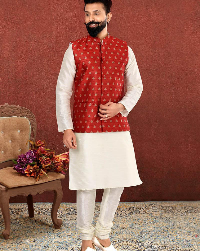 Ravishing Off White Dhupion Silk Mens Kurta Pyjama with Jacket