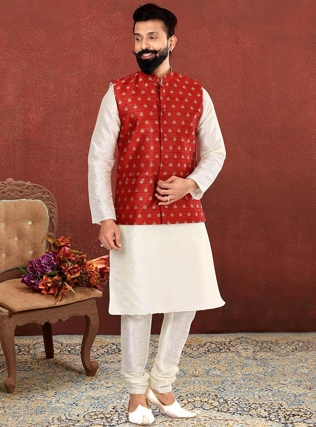 Ravishing Off White Dhupion Silk Mens Kurta Pyjama with Jacket
