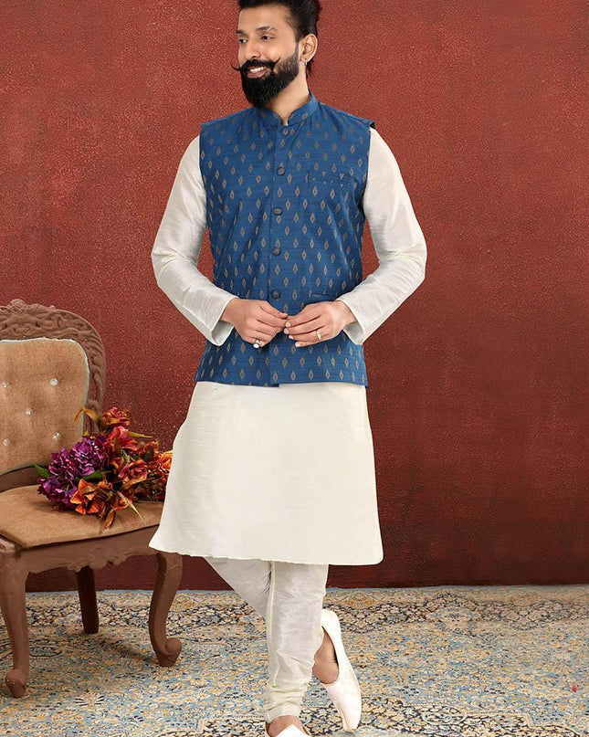 Attractive Off White Dhupion Silk Mens Kurta Pyjama with Jacket