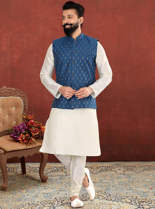 Attractive Off White Dhupion Silk Mens Kurta Pyjama with Jacket