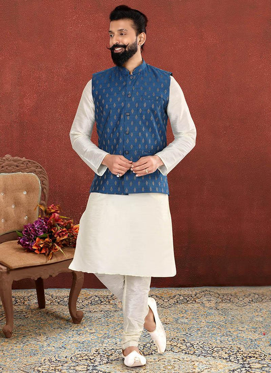 Attractive Off White Dhupion Silk Mens Kurta Pyjama with Jacket