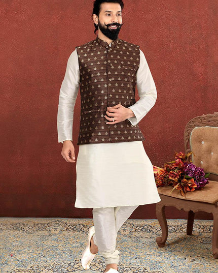 Charismatic Off White Dhupion Silk Mens Kurta Pyjama with Jacket
