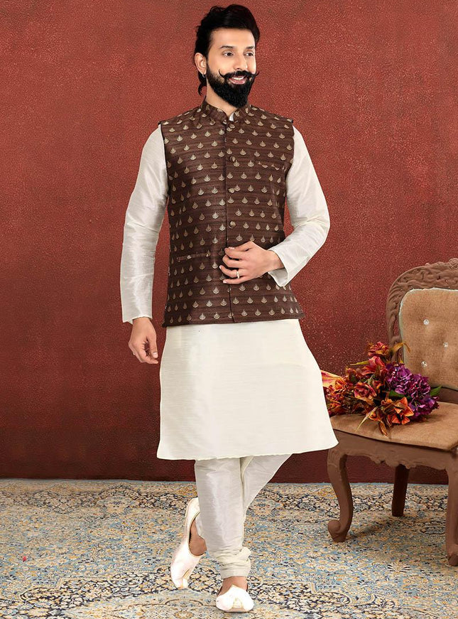 Charismatic Off White Dhupion Silk Mens Kurta Pyjama with Jacket
