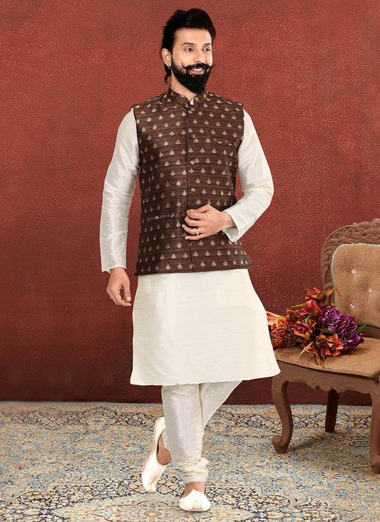 Charismatic Off White Dhupion Silk Mens Kurta Pyjama with Jacket