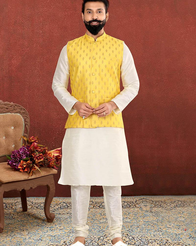 Glamorous Off White Dhupion Silk Mens Kurta Pyjama with Jacket