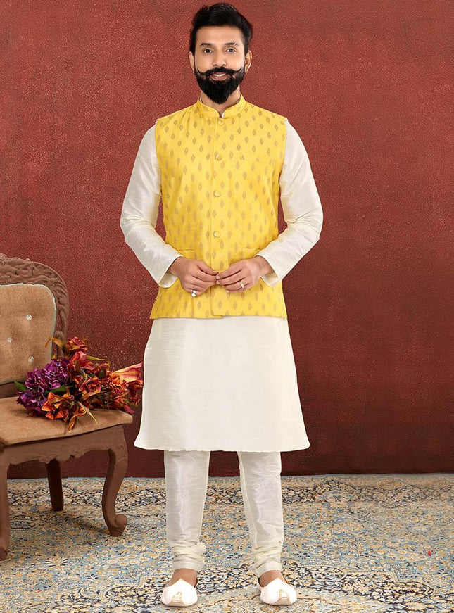 Glamorous Off White Dhupion Silk Mens Kurta Pyjama with Jacket