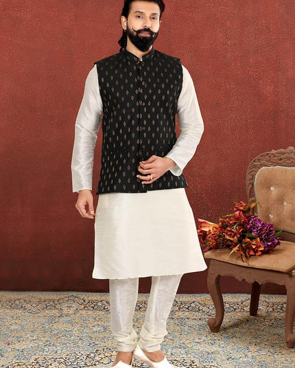 Alluring Off White Dhupion Silk Mens Kurta Pyjama with Jacket