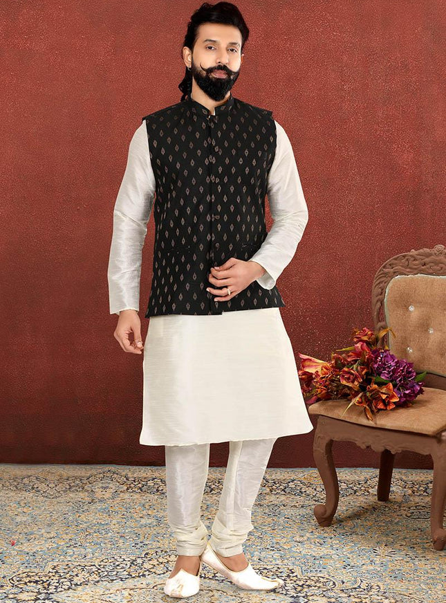 Alluring Off White Dhupion Silk Mens Kurta Pyjama with Jacket