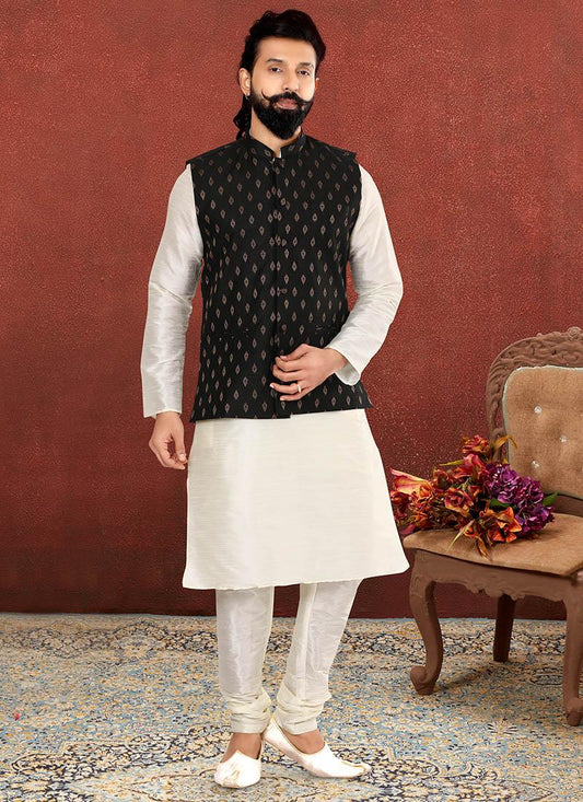 Alluring Off White Dhupion Silk Mens Kurta Pyjama with Jacket