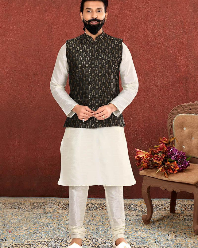 Voguish Off White Dhupion Silk Mens Kurta Pyjama with Jacket