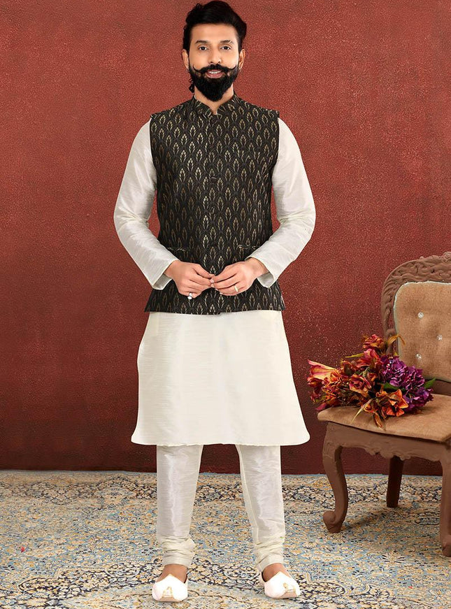 Voguish Off White Dhupion Silk Mens Kurta Pyjama with Jacket