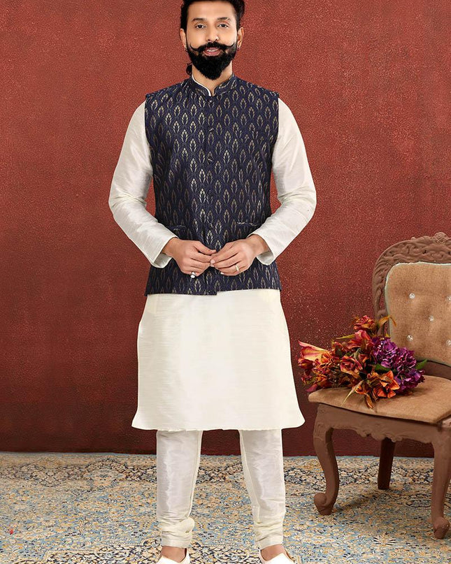 Sophisticated Off White Dhupion Silk Mens Kurta Pyjama with Jacket