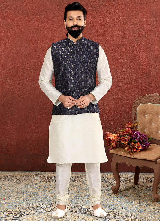 Sophisticated Off White Dhupion Silk Mens Kurta Pyjama with Jacket