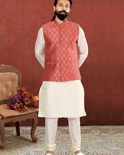 Gorgeous Off White Dhupion Silk Mens Kurta Pyjama with Jacket