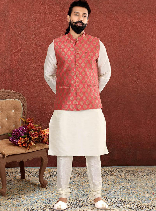 Gorgeous Off White Dhupion Silk Mens Kurta Pyjama with Jacket