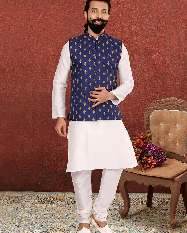 Elegant Off White Dhupion Silk Mens Kurta Pyjama with Jacket