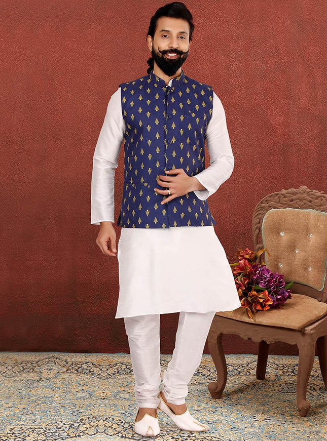 Elegant Off White Dhupion Silk Mens Kurta Pyjama with Jacket