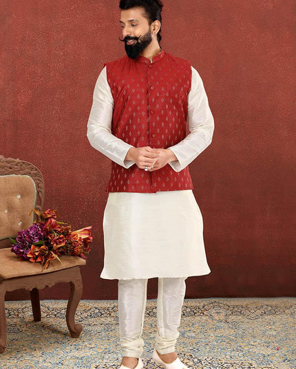 Charming Off White Dhupion Silk Mens Kurta Pyjama with Jacket