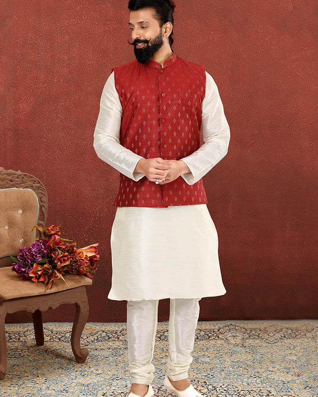 Charming Off White Dhupion Silk Mens Kurta Pyjama with Jacket