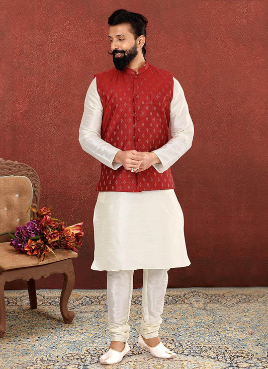 Charming Off White Dhupion Silk Mens Kurta Pyjama with Jacket