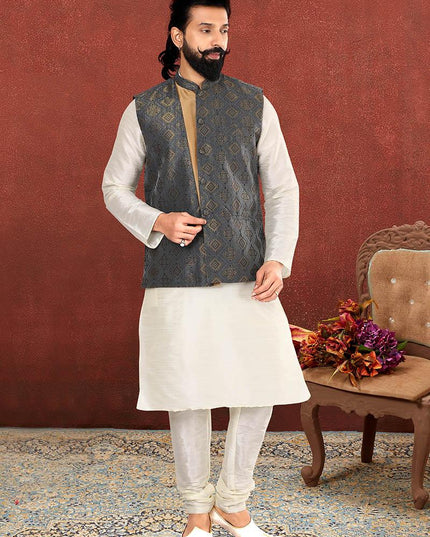 Luxurious Off White Dhupion Silk Mens Kurta Pyjama with Jacket