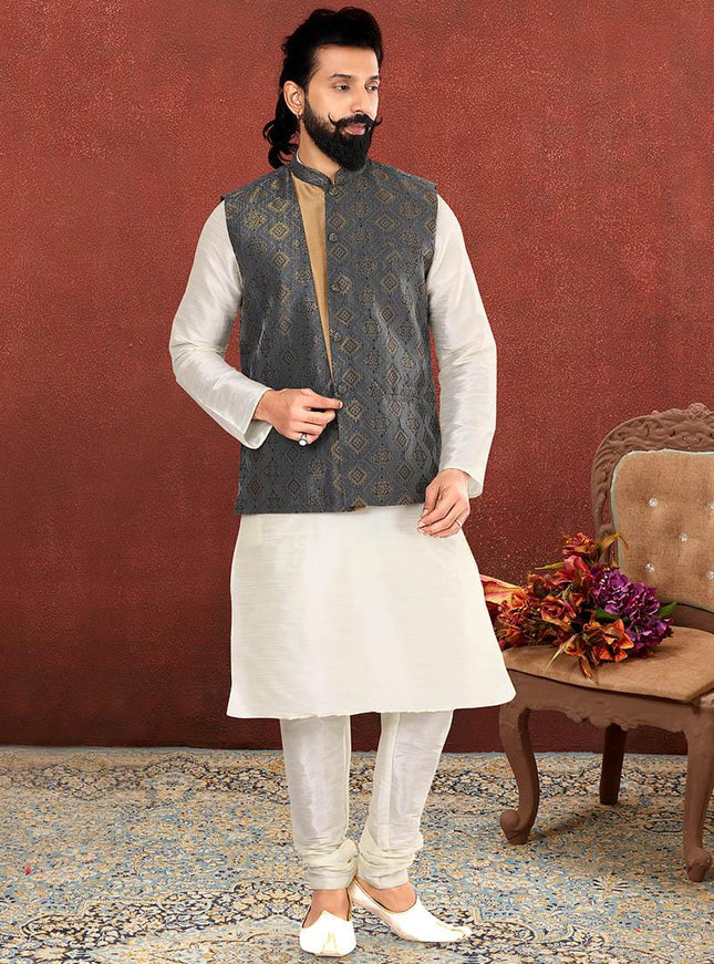 Luxurious Off White Dhupion Silk Mens Kurta Pyjama with Jacket
