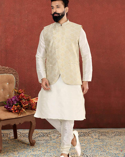 Spectacular Off White Dhupion Silk Mens Kurta Pyjama with Jacket