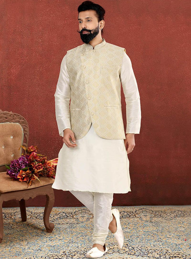 Spectacular Off White Dhupion Silk Mens Kurta Pyjama with Jacket