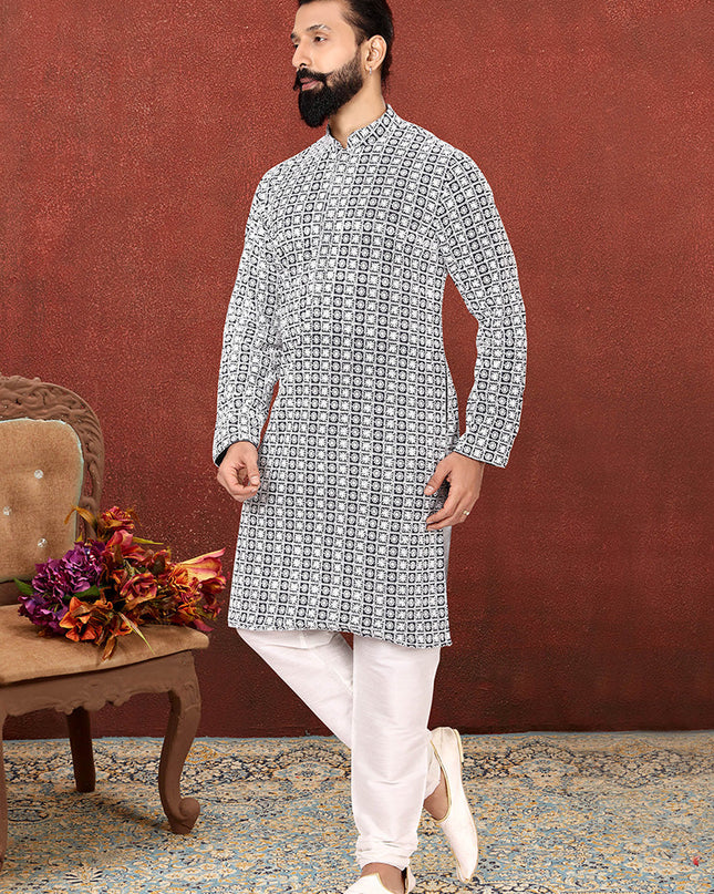 Fascinating Black Georgette Embroidered Mens Kurta Set