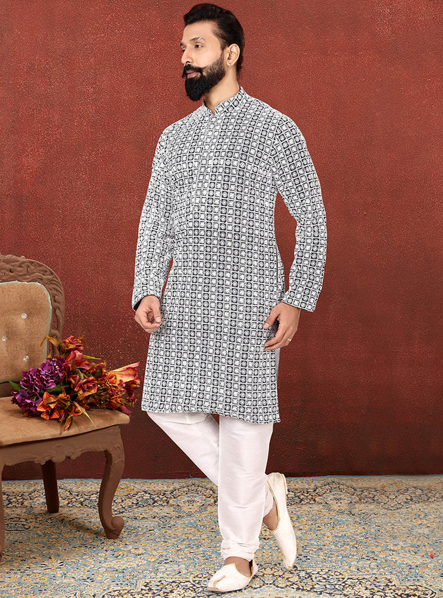 Fascinating Black Georgette Embroidered Mens Kurta Set