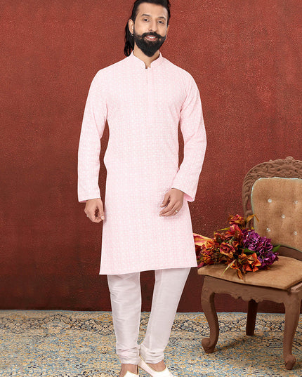 Beautiful Soft Pink Georgette Embroidered Mens Kurta Set