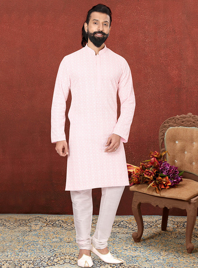 Beautiful Soft Pink Georgette Embroidered Mens Kurta Set