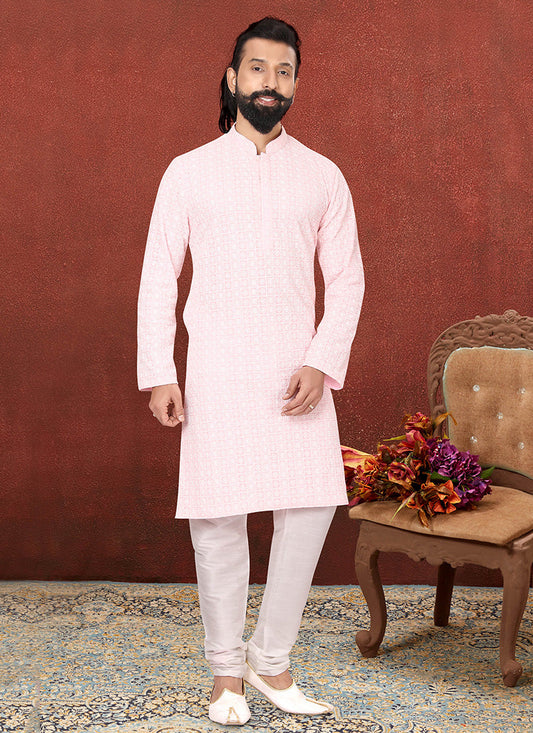 Beautiful Soft Pink Georgette Embroidered Mens Kurta Set
